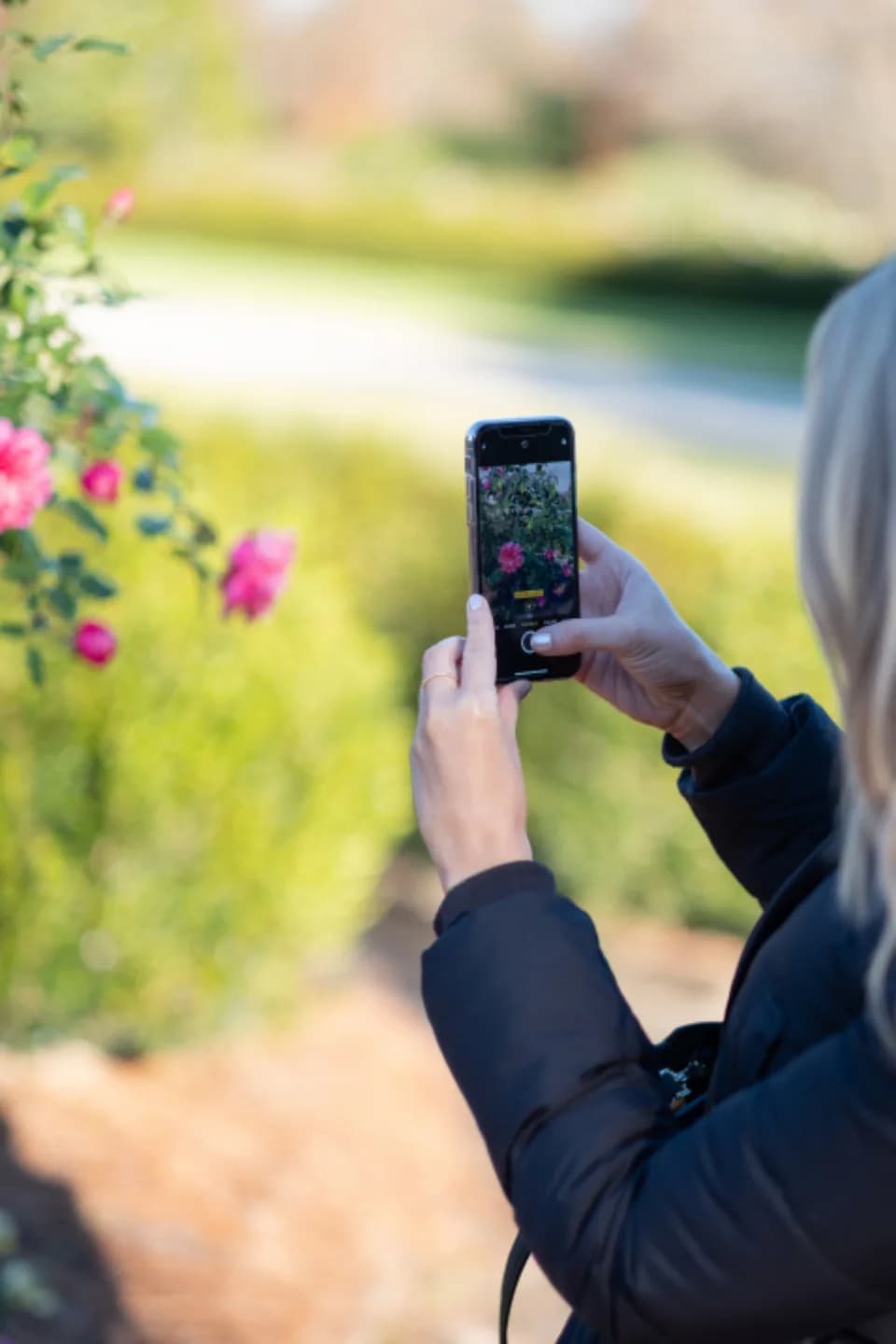 A person filming with a smartphone outdoors